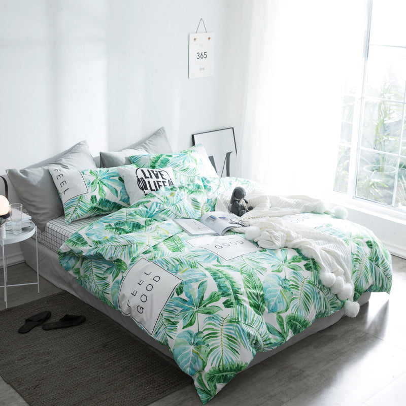 HKM-284819 Four-Piece Cotton Plant and Flower Quilt Cover Set