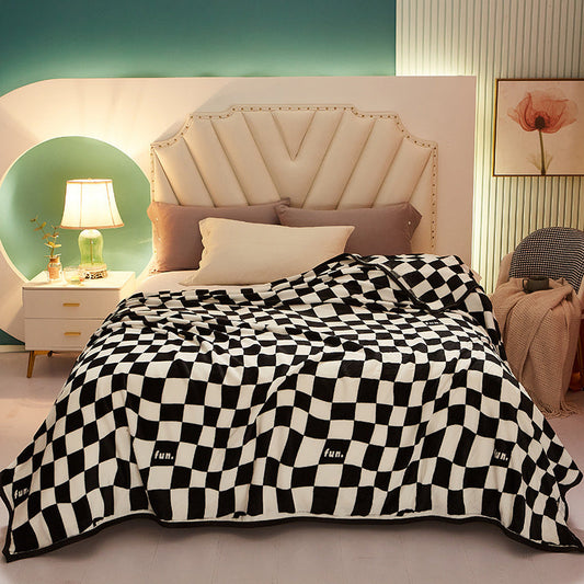 HKM-284819 Vintage Black Grid Velvet Blanket - Geometric Pattern, Multiple Sizes Available