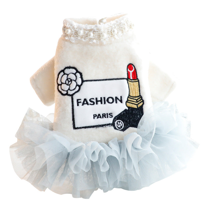 HKM-2848445 Elegant Beige Winter Cat Princess Dress - Cozy Wool Pet Clothing in Various Sizes