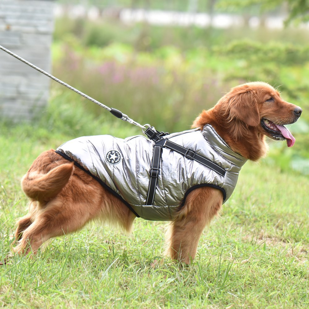 HKM-2850493 Reflective Cotton-Padded Pet Coat in Christmas Snowflake, Plaid, and Silver Gray - Sizes 3XL to 5XL