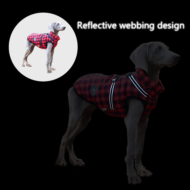 HKM-2850493 Reflective Cotton-Padded Pet Coat in Christmas Snowflake, Plaid, and Silver Gray - Sizes 3XL to 5XL