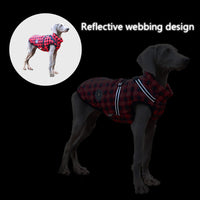 HKM-2850493 Reflective Cotton-Padded Pet Coat in Christmas Snowflake, Plaid, and Silver Gray - Sizes 3XL to 5XL