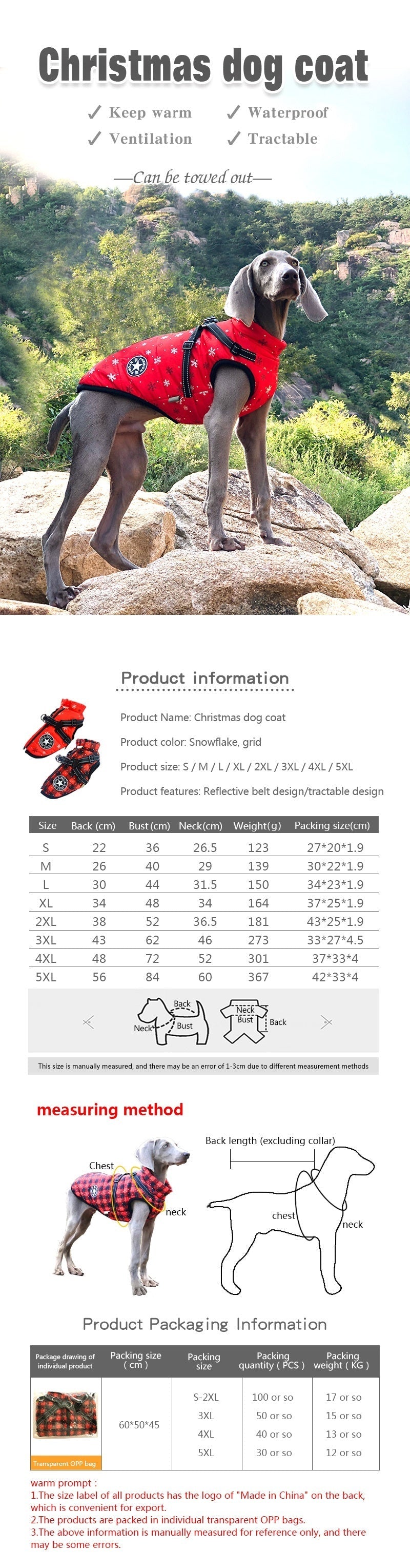 HKM-2850493 Reflective Cotton-Padded Pet Coat in Christmas Snowflake, Plaid, and Silver Gray - Sizes 3XL to 5XL