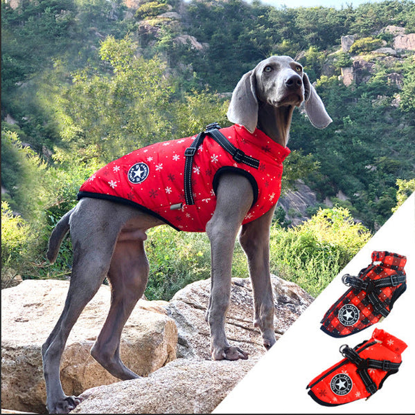 HKM-2850493 Reflective Cotton-Padded Pet Coat in Christmas Snowflake, Plaid, and Silver Gray - Sizes 3XL to 5XL