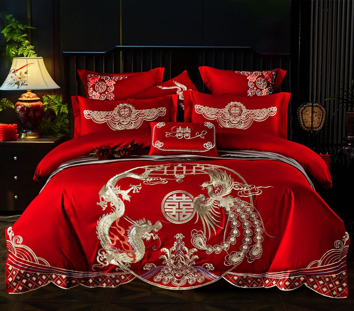 HKM-285651 Cotton Wedding Embroidery Bedding Set - Dragon and Phoenix Design, 4-Piece Collection for 1.5m, 1.8m, and 2.0m Beds