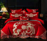 HKM-285651 Cotton Wedding Embroidery Bedding Set - Dragon and Phoenix Design, 4-Piece Collection for 1.5m, 1.8m, and 2.0m Beds