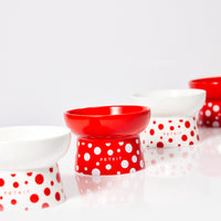 HKM-2857789 Ceramic Cat Bowl in Retro Red and Angel White, Designed to Prevent Tipping for Cats and Small Dogs