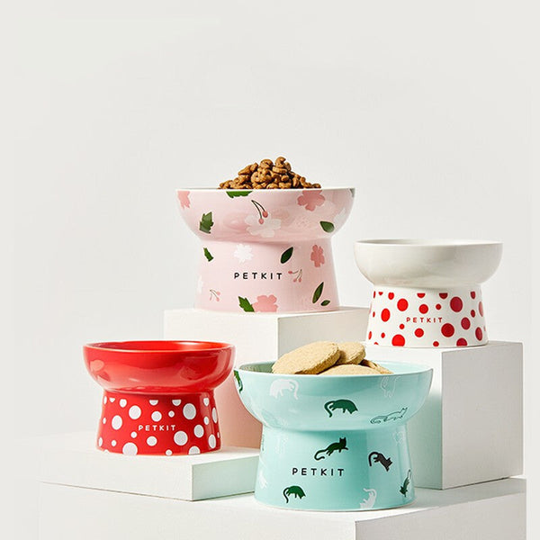 HKM-2857789 Ceramic Cat Bowl in Retro Red and Angel White, Designed to Prevent Tipping for Cats and Small Dogs