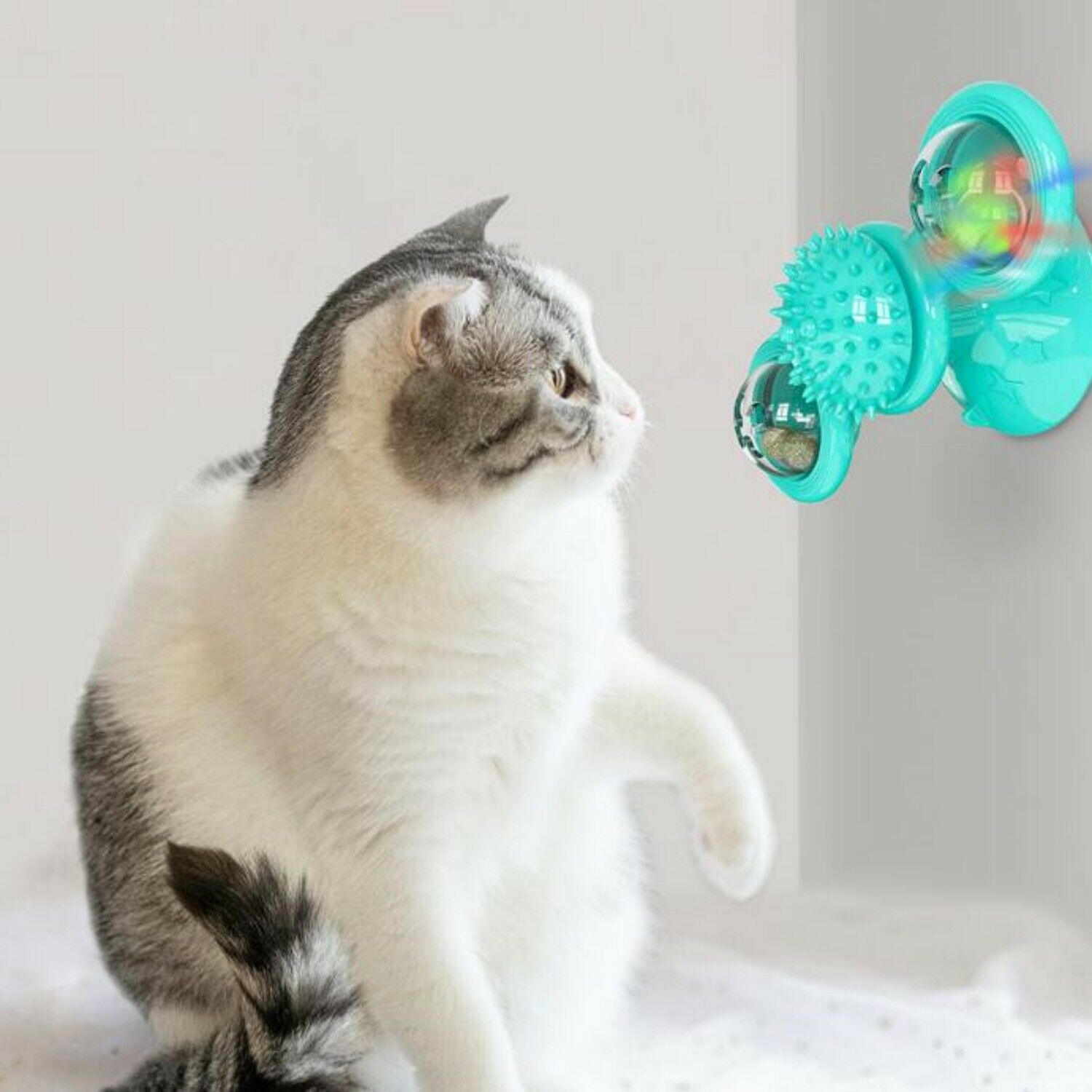 HKM-2859069 Interactive Windmill Cat Toy with Suction Cup, Catnip Ball, and Toothbrush Feature for Indoor Play