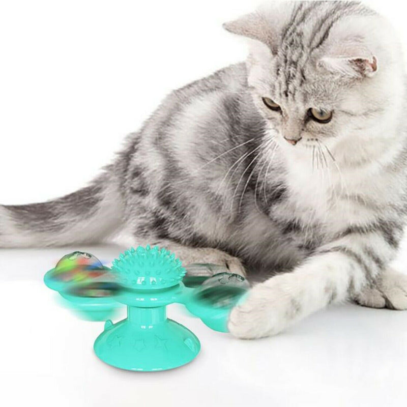 HKM-2859069 Interactive Windmill Cat Toy with Suction Cup, Catnip Ball, and Toothbrush Feature for Indoor Play