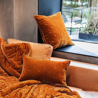 HKM-286035 Retro Brocade Plush Throw Pillow - Nordic Style Cushion in Caramel and Dark Green