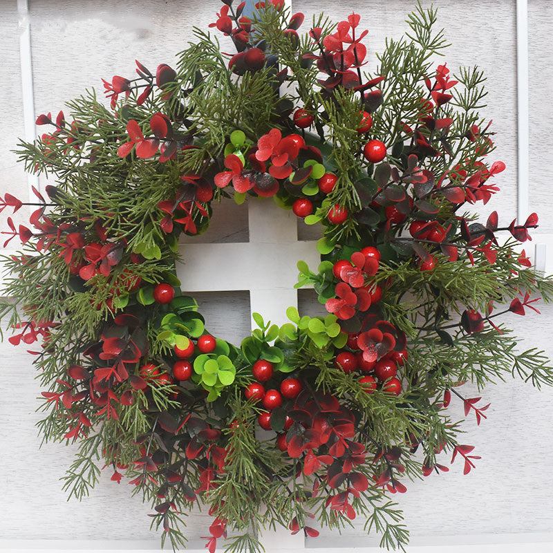 HKM-286099 Eucalyptus Leaf & Red Fruit Wreath for Festive Door Decorating, 35CM
