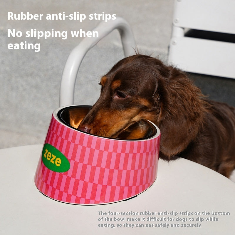 HKM-2861757 Retro Sweetheart Metal Pet Bowl with High Legs and Striped Dot Design
