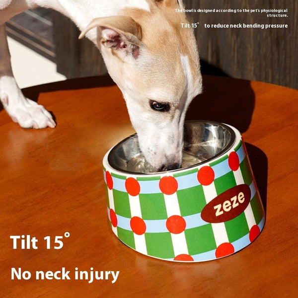 HKM-2861757 Retro Sweetheart Metal Pet Bowl with High Legs and Striped Dot Design