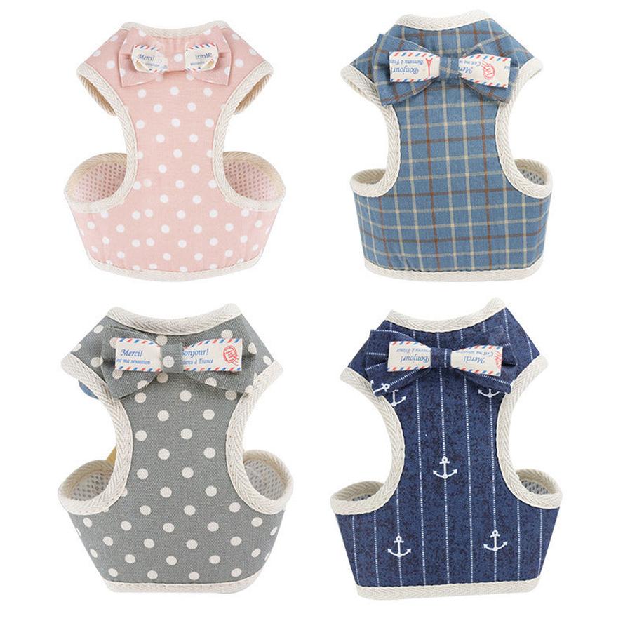 HKM-286547 Stylish Vest-Style Dog Leash with Bowknot - Navy Blue Stripes, Blue Grid, Pink Dots, Gray Dots