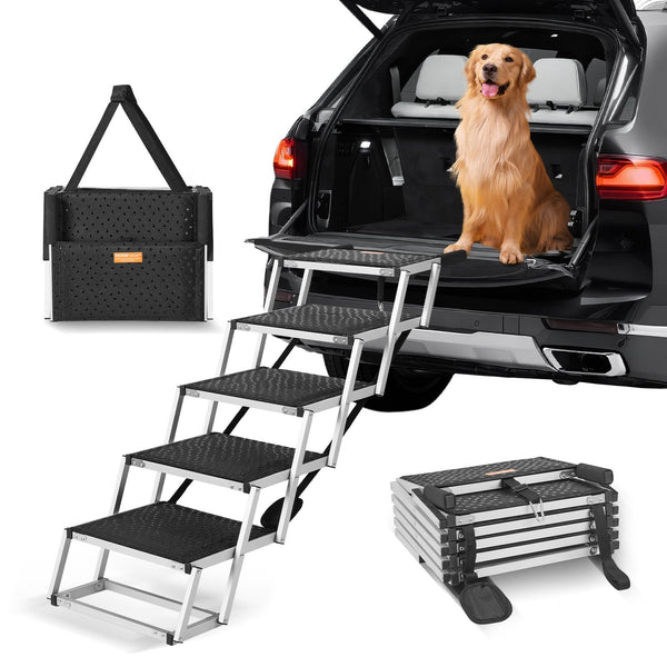 HKM-2865725 5-Step Folding Dog Stairs for Cars, Adjustable Height, Supports Up to 150 lbs, Non-Slip Surface for Easy Pet Access