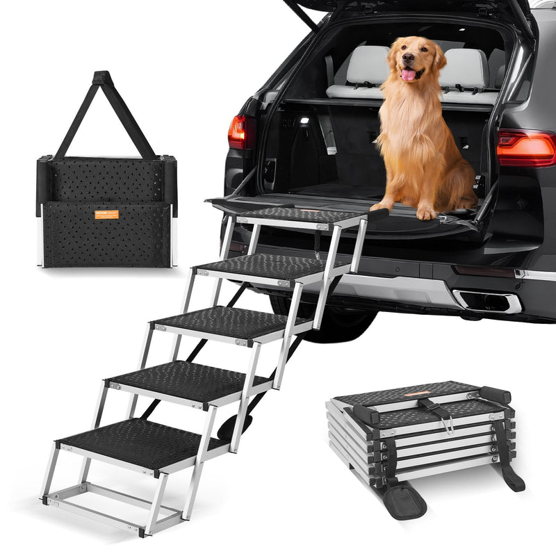 HKM-2865725 5-Step Folding Dog Stairs for Cars, Adjustable Height, Supports Up to 150 lbs, Non-Slip Surface for Easy Pet Access