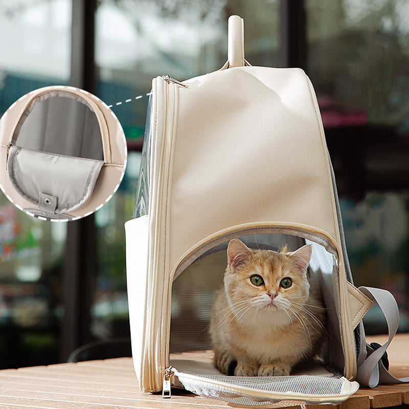 HKM-2869565 Transparent Large Cat and Small Dog Backpack, Stylish Pet Carrier Bag, Leather/PVC/Mesh, 40cm x 35cm x 25cm
