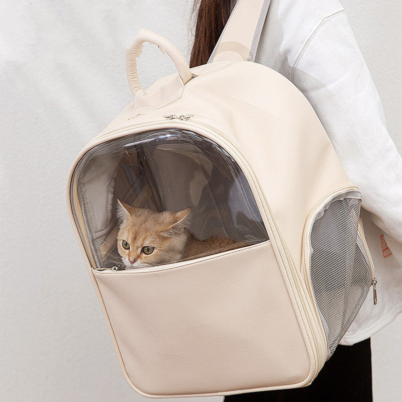 HKM-2869565 Transparent Large Cat and Small Dog Backpack, Stylish Pet Carrier Bag, Leather/PVC/Mesh, 40cm x 35cm x 25cm