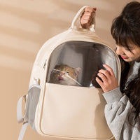 HKM-2869565 Transparent Large Cat and Small Dog Backpack, Stylish Pet Carrier Bag, Leather/PVC/Mesh, 40cm x 35cm x 25cm