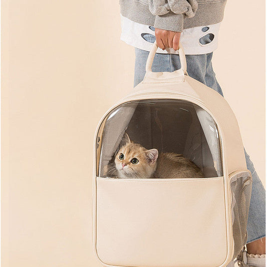 HKM-2869565 Transparent Large Cat and Small Dog Backpack, Stylish Pet Carrier Bag, Leather/PVC/Mesh, 40cm x 35cm x 25cm