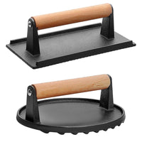HKM-286995 Pre-Seasoned Cast Iron Grill Press Set - Round & Rectangular Steak Weights with Wooden Handles