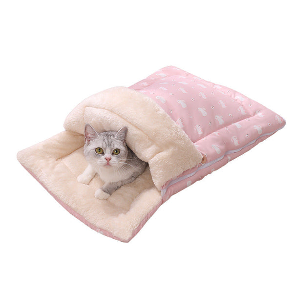 HKM-2871357 Cozy Multi-Season Pet Sleeping Bag with Detachable Mat and Foldable Design for Cats and Dogs