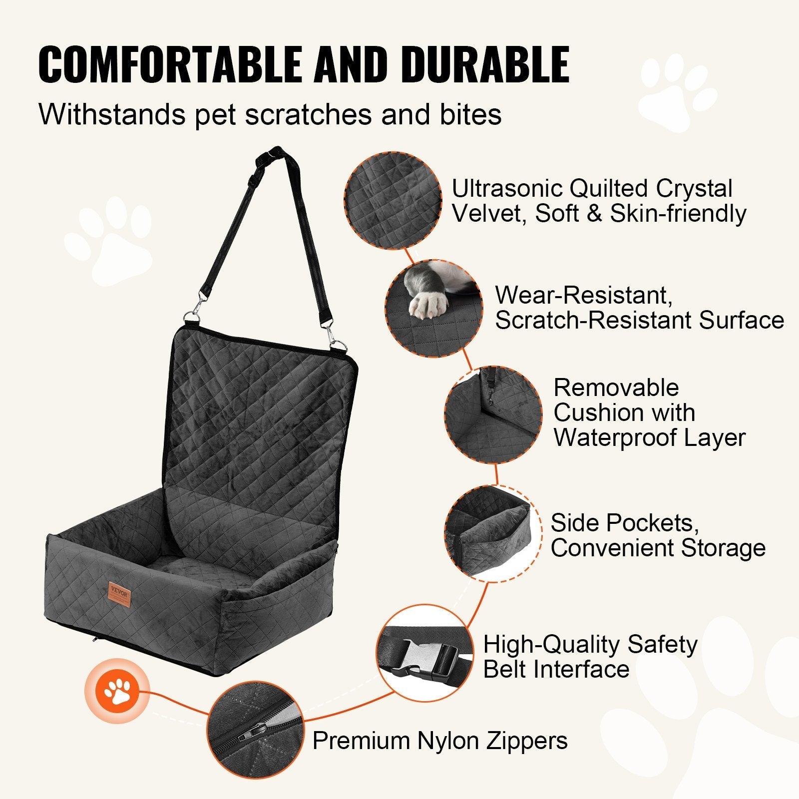 HKM-2872125 Dog Booster Car Seat for Small to Medium Dogs, Safe and Comfortable Design, Easy Installation, Removable Waterproof Pad, Storage Pocket
