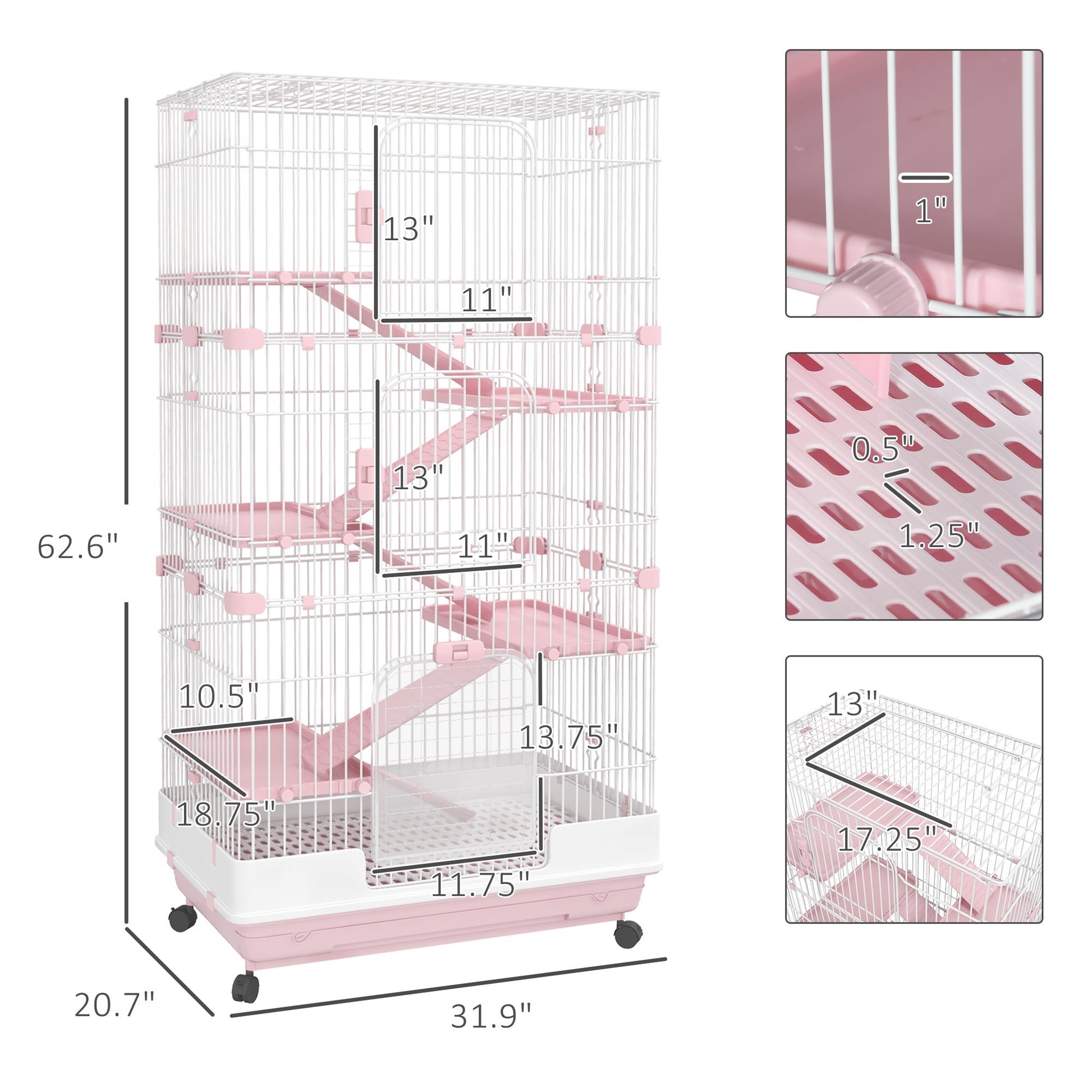 HKM-2882493 32" Pink 6-Level Small Animal Cage with Lockable Wheels, Slide-Out Tray for Rabbits, Chinchillas, Ferrets