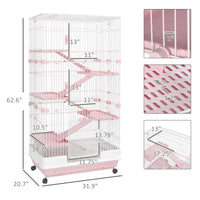 HKM-2882493 32" Pink 6-Level Small Animal Cage with Lockable Wheels, Slide-Out Tray for Rabbits, Chinchillas, Ferrets