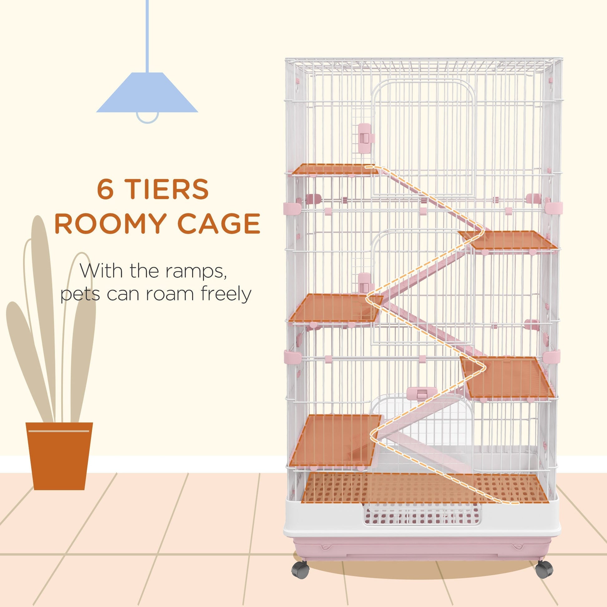 HKM-2882493 32" Pink 6-Level Small Animal Cage with Lockable Wheels, Slide-Out Tray for Rabbits, Chinchillas, Ferrets