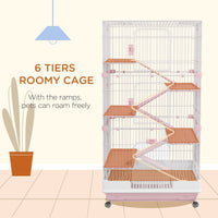 HKM-2882493 32" Pink 6-Level Small Animal Cage with Lockable Wheels, Slide-Out Tray for Rabbits, Chinchillas, Ferrets