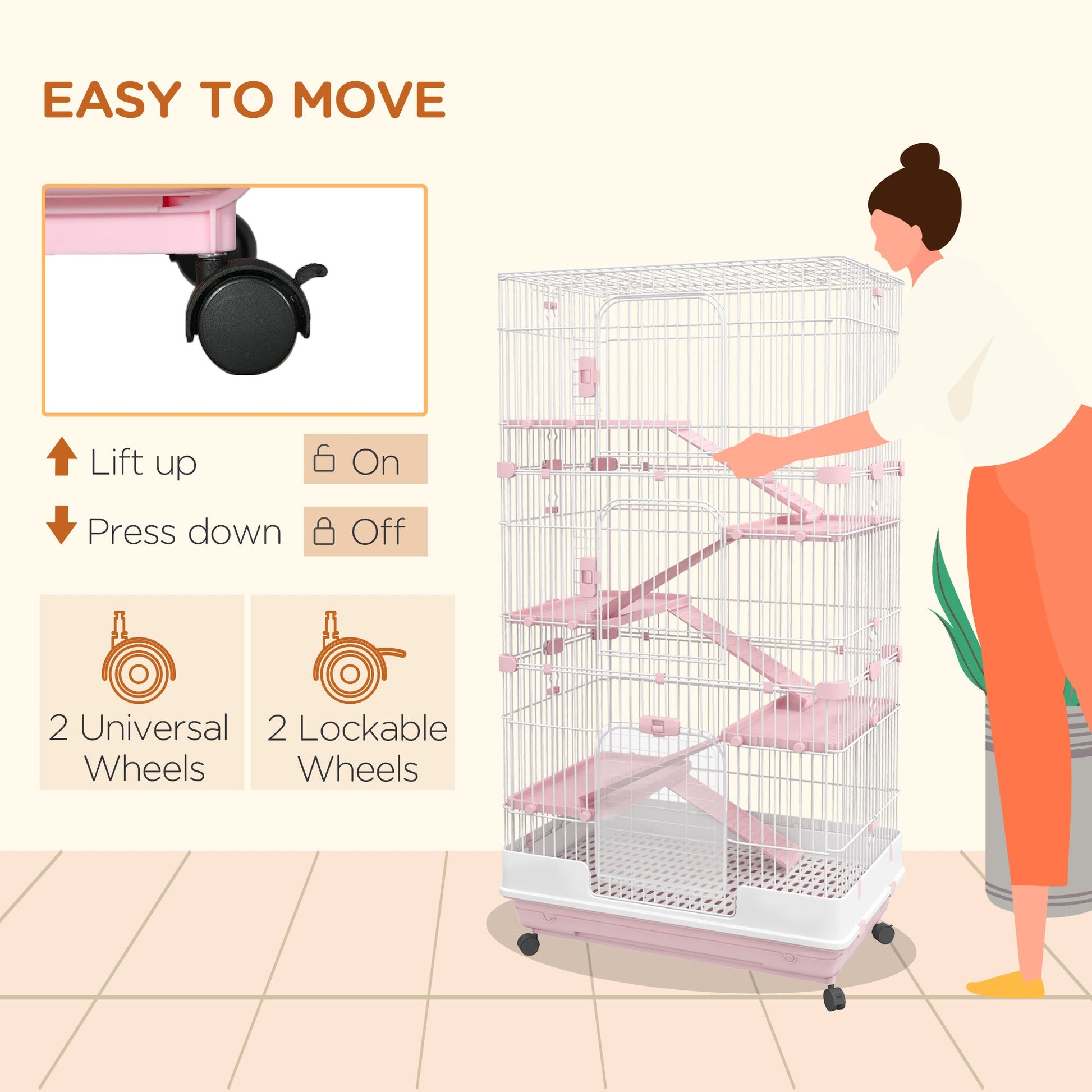 HKM-2882493 32" Pink 6-Level Small Animal Cage with Lockable Wheels, Slide-Out Tray for Rabbits, Chinchillas, Ferrets