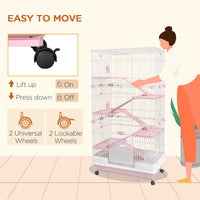 HKM-2882493 32" Pink 6-Level Small Animal Cage with Lockable Wheels, Slide-Out Tray for Rabbits, Chinchillas, Ferrets