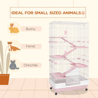 HKM-2882493 32" Pink 6-Level Small Animal Cage with Lockable Wheels, Slide-Out Tray for Rabbits, Chinchillas, Ferrets