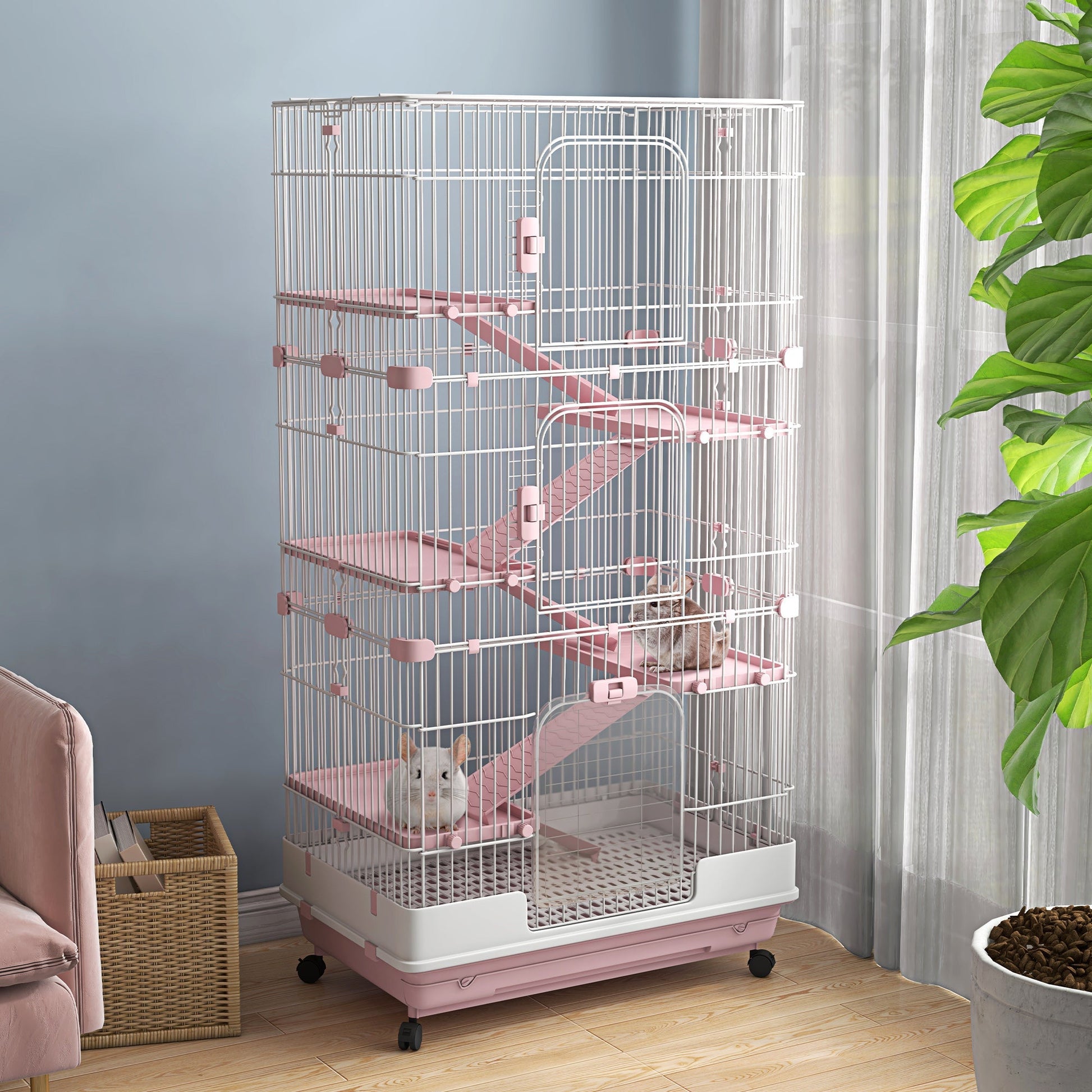 HKM-2882493 32" Pink 6-Level Small Animal Cage with Lockable Wheels, Slide-Out Tray for Rabbits, Chinchillas, Ferrets