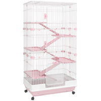 HKM-2882493 32" Pink 6-Level Small Animal Cage with Lockable Wheels, Slide-Out Tray for Rabbits, Chinchillas, Ferrets