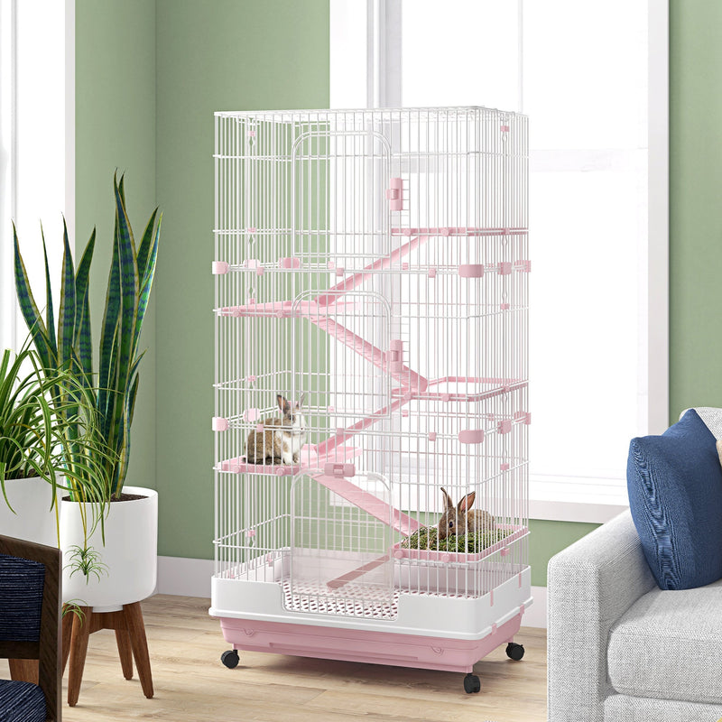 HKM-2882493 32" Pink 6-Level Small Animal Cage with Lockable Wheels, Slide-Out Tray for Rabbits, Chinchillas, Ferrets
