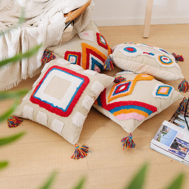 HKM-288339 Geometric Abstract Cotton Pillowcase with Tassels