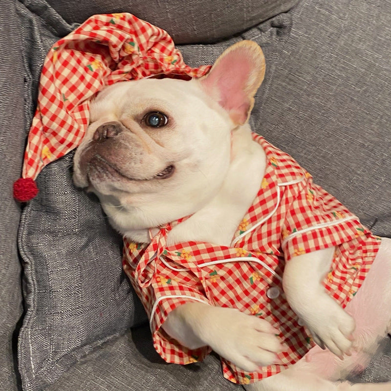 HKM-2885437 Cotton Pajamas for Dogs and Cats with Matching Hat - Casual Style in Red and Blue, Sizes S to XXL