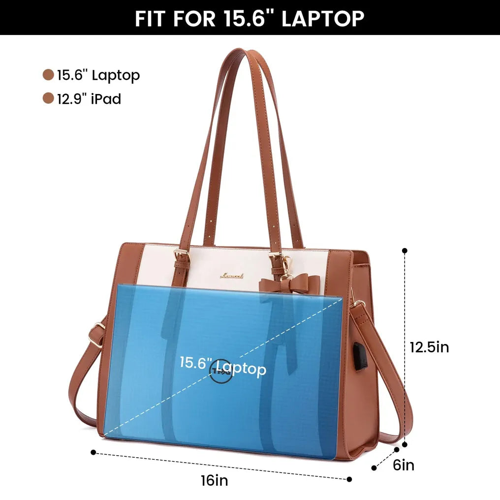 HKM-288659 2pc Ladies Handbag Set - PU Leather Office Tote and Laptop Briefcase, 15.6 Inch Women's Shoulder Bags
