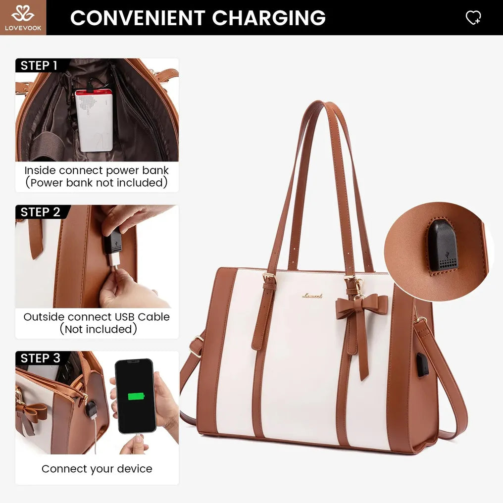 HKM-288659 2pc Ladies Handbag Set - PU Leather Office Tote and Laptop Briefcase, 15.6 Inch Women's Shoulder Bags