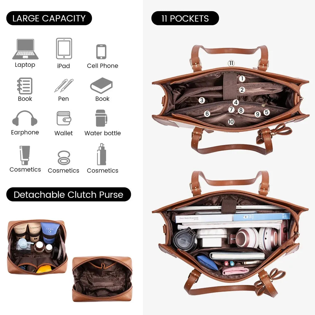 HKM-288659 2pc Ladies Handbag Set - PU Leather Office Tote and Laptop Briefcase, 15.6 Inch Women's Shoulder Bags