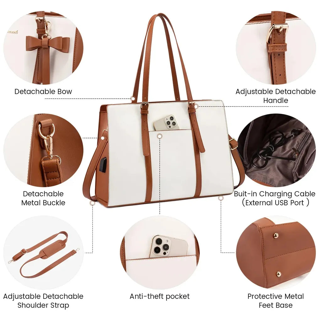 HKM-288659 2pc Ladies Handbag Set - PU Leather Office Tote and Laptop Briefcase, 15.6 Inch Women's Shoulder Bags
