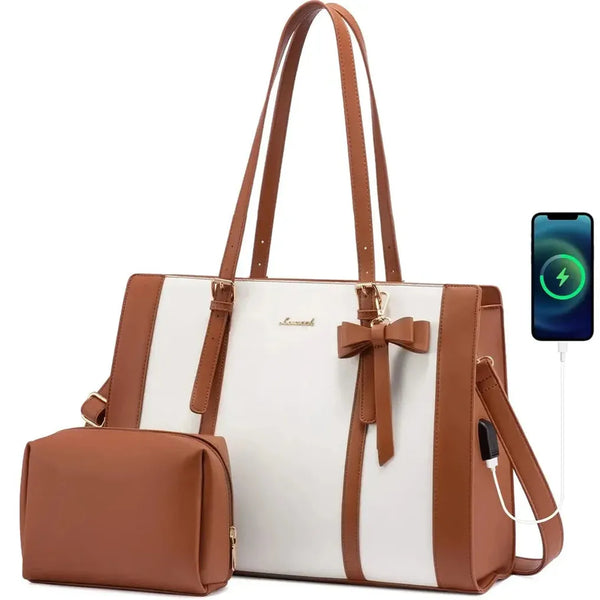 HKM-288659 2pc Ladies Handbag Set - PU Leather Office Tote and Laptop Briefcase, 15.6 Inch Women's Shoulder Bags