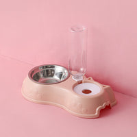 HKM-2890557 Pink Plastic Double Bowl Cat Food and Water Dish with Anti-Tumble Design