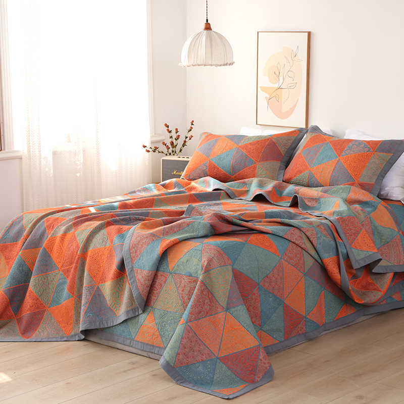 HKM-289107 Cotton Gauze Bed Blanket Set with Floral Print - Includes 1 Blanket and 2 Pillowcases in Various Sizes