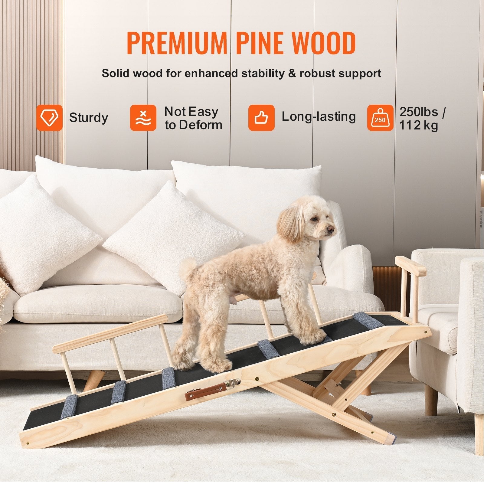 HKM-2898493 Adjustable Folding Dog Ramp with Non-Slip Surface for Pets Up to 250 lbs, 6 Height Settings, Ideal for Beds, Sofas, and Cars