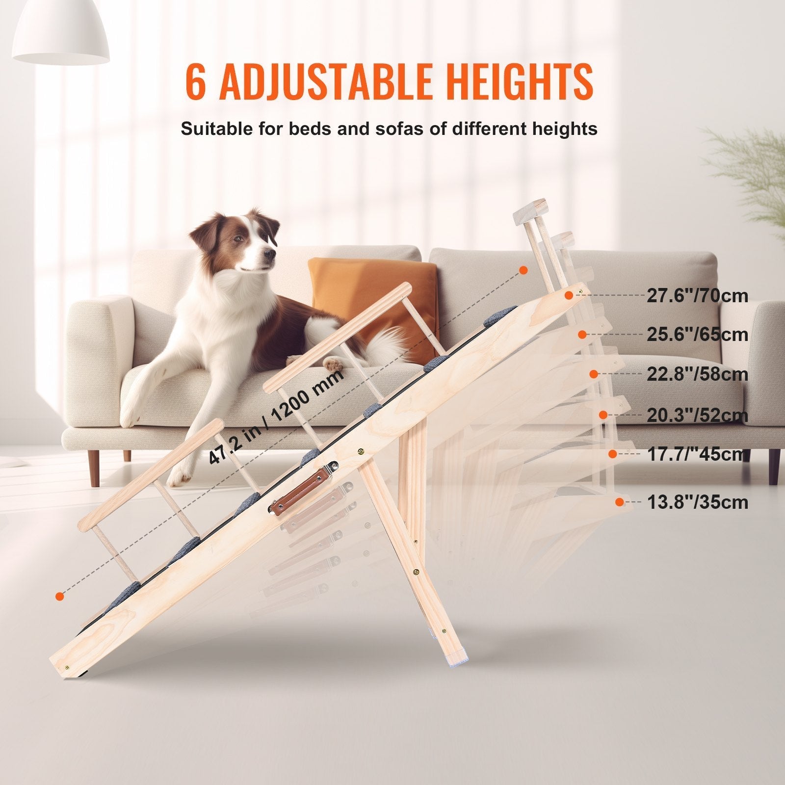HKM-2898493 Adjustable Folding Dog Ramp with Non-Slip Surface for Pets Up to 250 lbs, 6 Height Settings, Ideal for Beds, Sofas, and Cars
