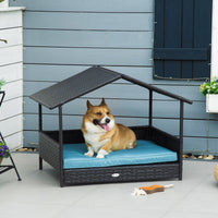 HKM-2898749 Outdoor Wicker Dog House with Canopy, Raised Rattan Pet Bed and Water-Resistant Cushion for Small to Medium Dogs